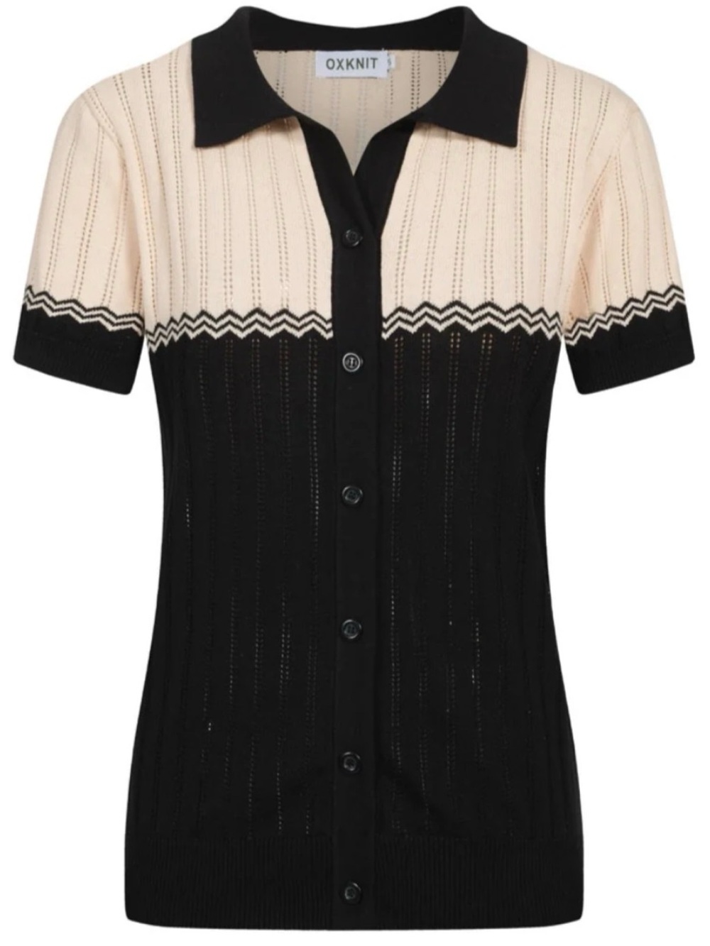 OXKNIT Women’s Knit Button Down Polo Top Small Black Beige Retro Zig Zag